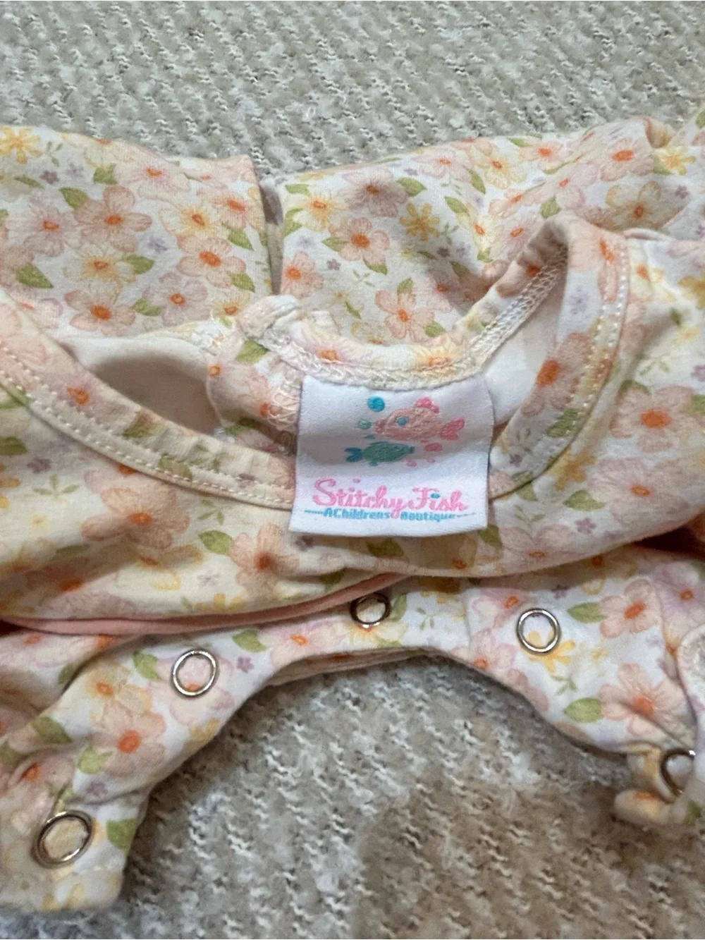 Stitchy Fish Floral Baby Romper with Pink Ruffle Sleeves EUC